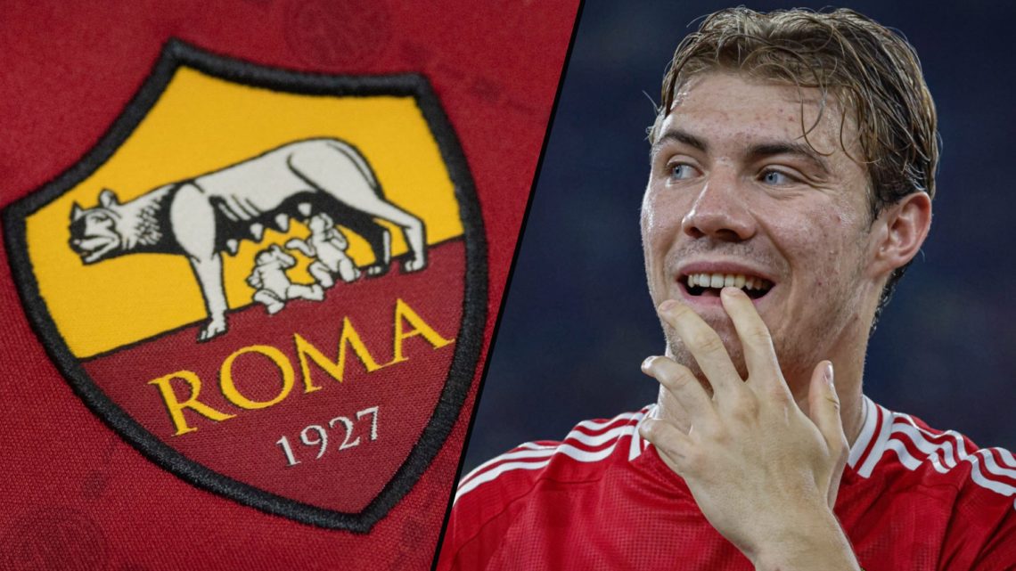 Manchester United and Denmark striker Rasmus Hojlund during the match against ASEAN All-Stars, inset a photo of the Roma club crest.