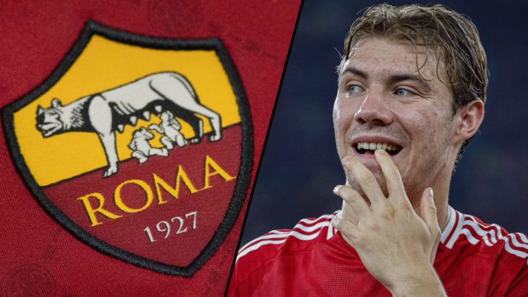 Manchester United and Denmark striker Rasmus Hojlund during the match against ASEAN All-Stars, inset a photo of the Roma club crest.