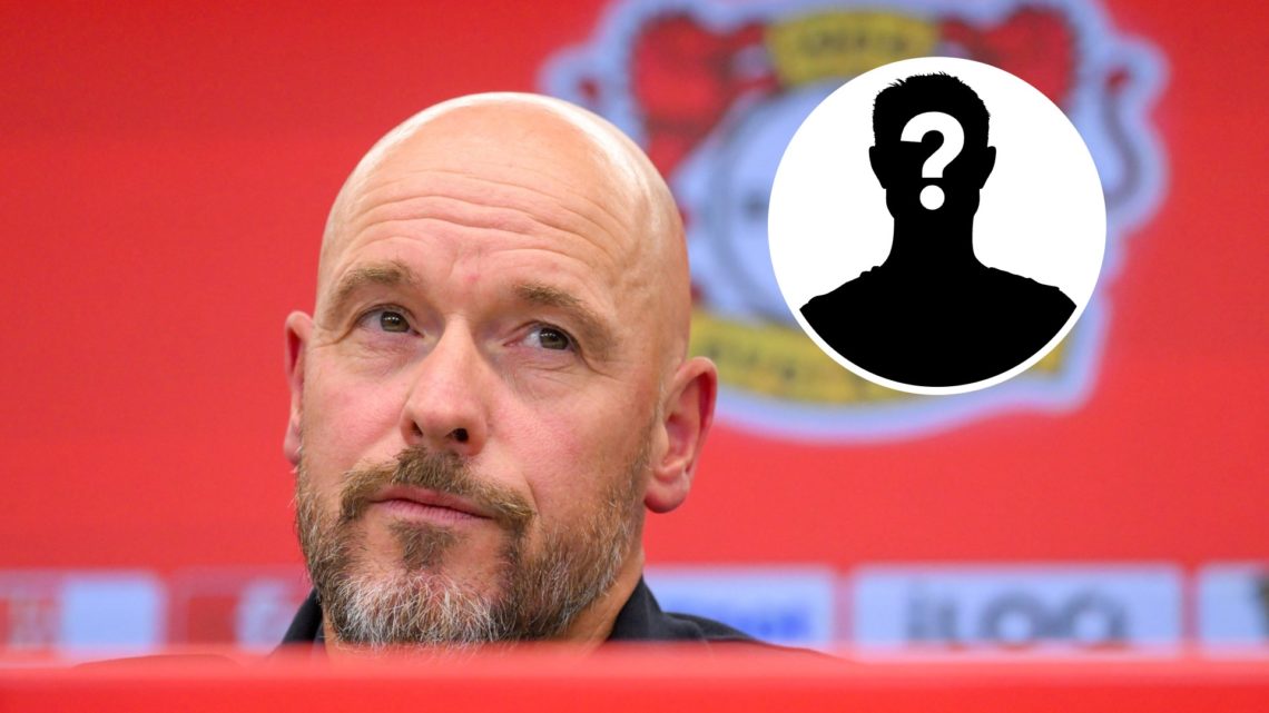 Bayer Leverkusen boss Erik ten Hag looks on during a press conference. Inset, a mystery player icon.