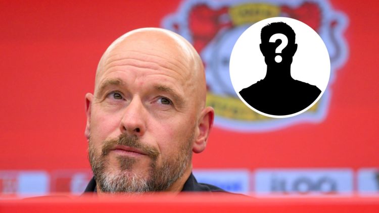 Bayer Leverkusen boss Erik ten Hag looks on during a press conference. Inset, a mystery player icon.
