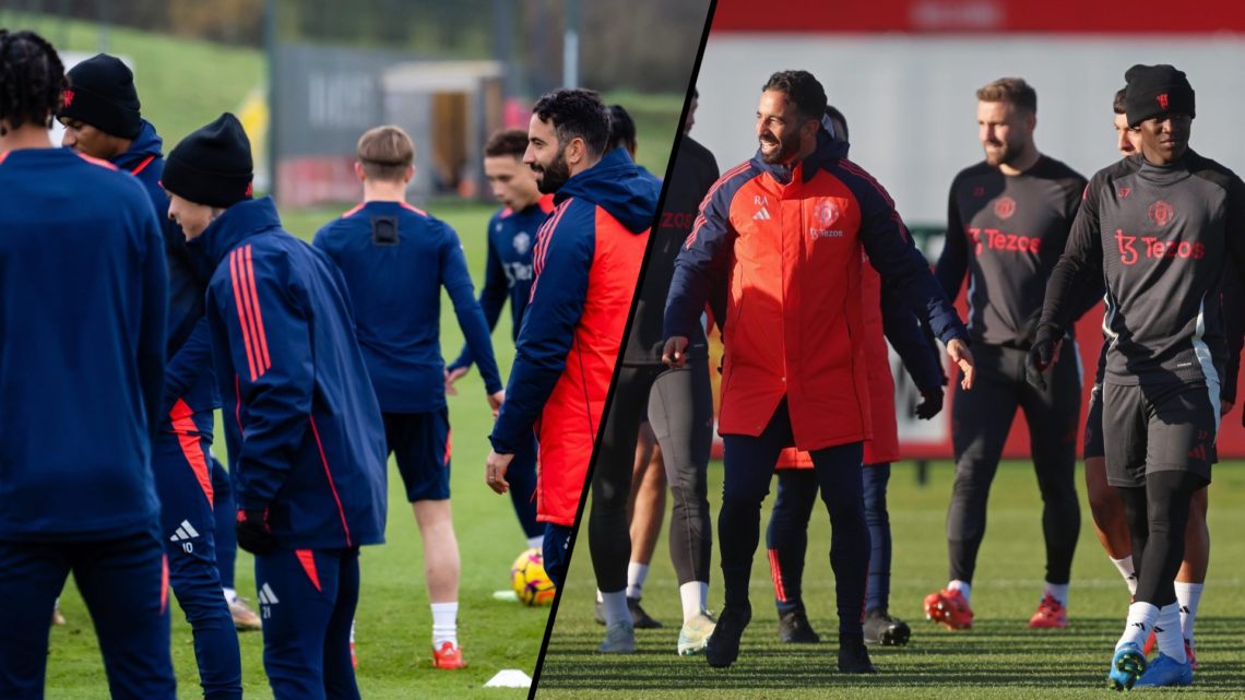 Ruben Amorim at the Carrington training complex, inset a photo of the Manchester United manager in first-team training.
