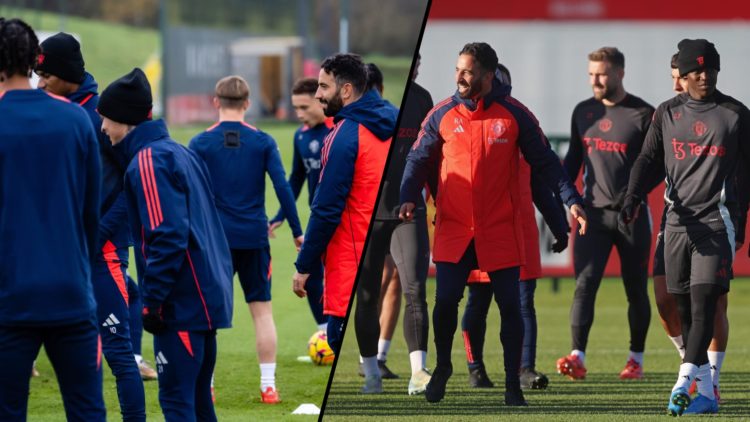 Ruben Amorim at the Carrington training complex, inset a photo of the Manchester United manager in first-team training.