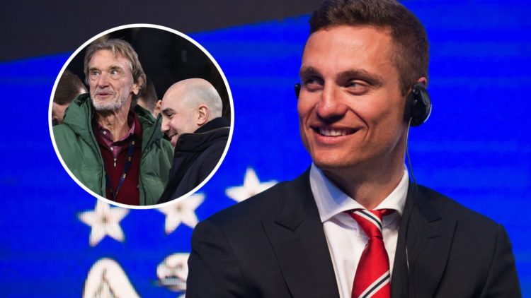 Manchester United legend Nemanja Vidic visits China, inset of co-owner Sir Jim Ratcliffe and CEO Omar Berrada.
