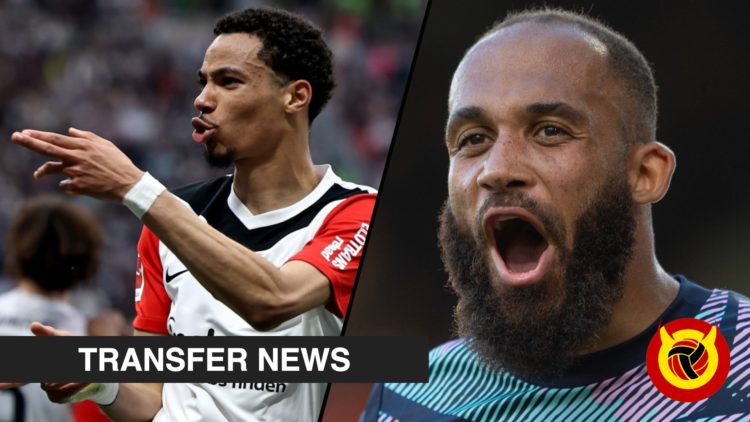 Manchester United target Bryan Mbeumo celebrates for Brentford, inset a photo of Eintracht Frankfurt striker Hugo Ekitike.