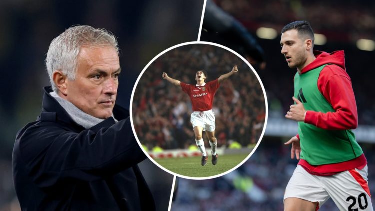 Diogo Dalot split image with Jose Mourinho and Gary Neville