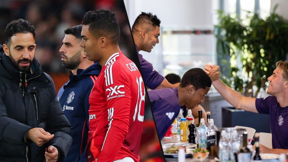 Casemiro at the Carrington training complex, inset a photo of the Manchester United midfielder with Ruben Amorim.