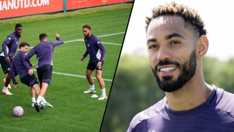Matheus Cunha at Carrington for the 2025 pre-season training, inset a photo of the Manchester United summer signing.