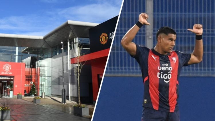 Split image, Carrington training complex building outside and Diego Leon points to his back for Cerro Porteno.