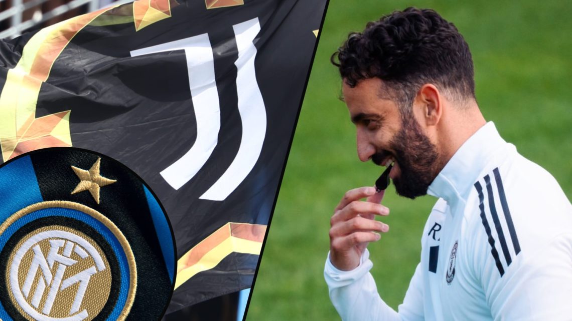 Manchester United manager Ruben Amorim, inset a photo of the Juventus club crest, including an overlay of the Inter Milan badge.