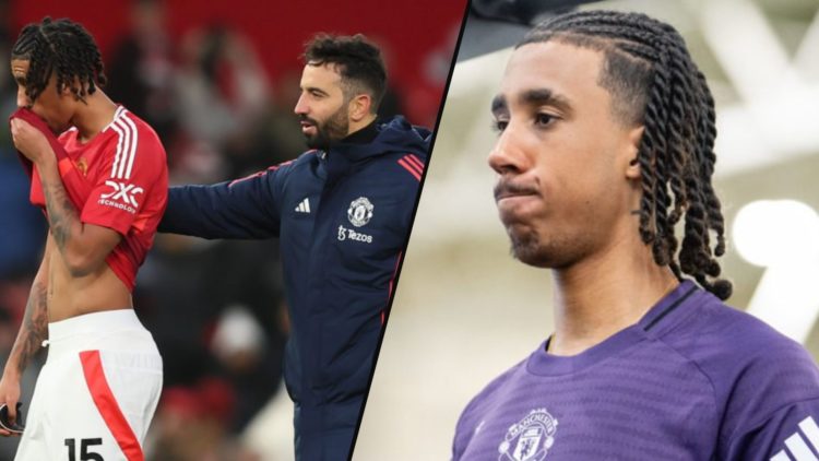 Leny Yoro at the Carrington training complex, inset a photo of the Manchester United defender with Ruben Amorim.