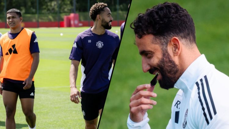 Manchester United manager Ruben Amorim at Carrington, inset a photo of Matheus Cunha in first-team Manchester United training.