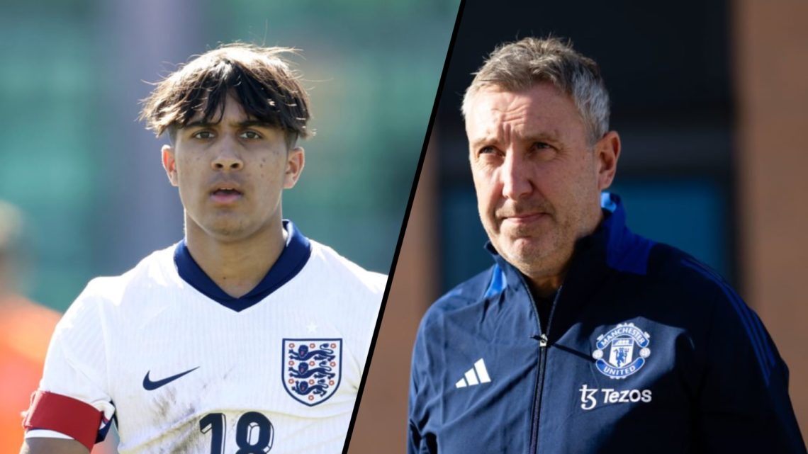 Split Image, Seth Ridgeon in action for England U17 with captains armband and Jason Wilcox in Manchester United jacket.