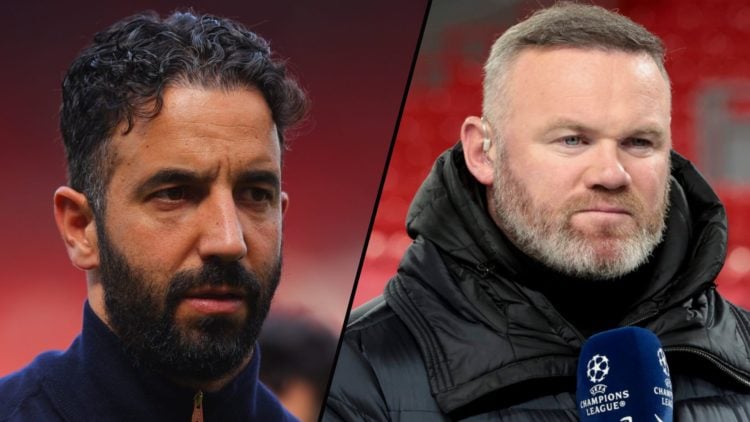 Amazon Prime Video pundit Wayne Rooney during a Champions League match, inset a photo of Manchester United manager Ruben Amorim.