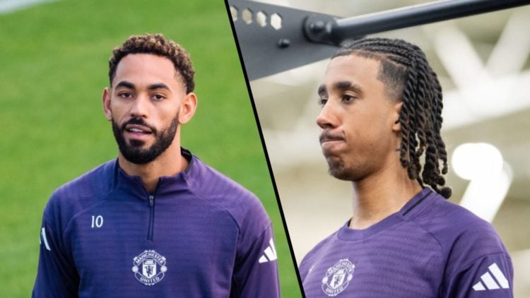 Split image, Matheus Cunha during Manchester United training in pre-season, and Leny Yoro in the gym at Carrington.