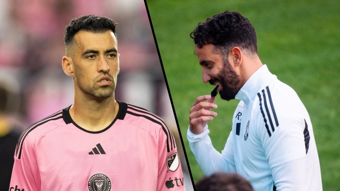 Split image. Sergio Busquets in Inter Miami kit and Ruben Amorim blows whistle during Manchester United training.