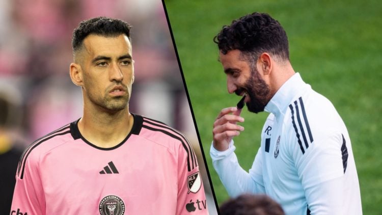 Split image. Sergio Busquets in Inter Miami kit and Ruben Amorim blows whistle during Manchester United training.