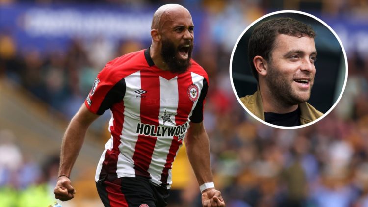 Brentford forward Bryan Mbeumo celebrating, inset of transfer journalist Fabrizio Romano.