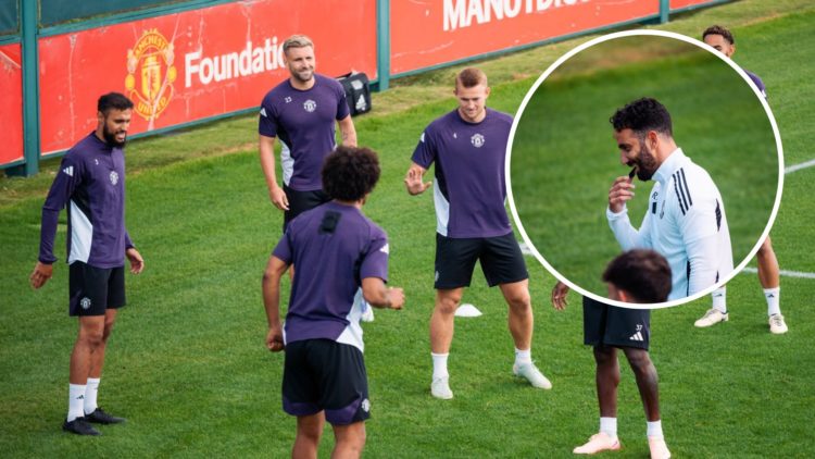 Manchester United players in pre-season training drills, inset of head coach Ruben Amorim.