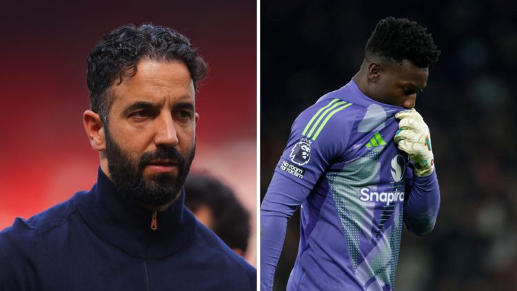 Manchester United head coach Ruben Amorim, split image with goalkeeper Andre Onana.