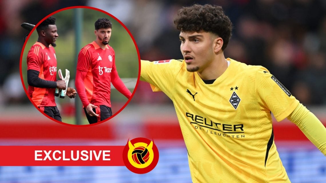 Tiago Cardoso, and insets United goalkeepers Andre Onana, Altay Bayindir, with Exclusive logo