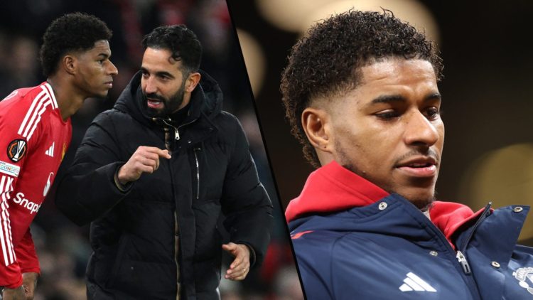 Marcus Rashford ahead of a Premier League match, inset the Barcelona target alongside Manchester United manager Ruben Amorim.