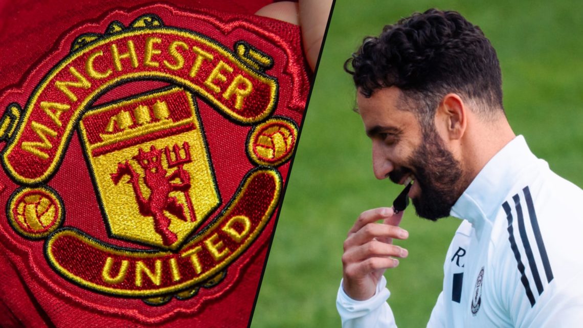 Manchester United manager Ruben Amorim in pre-season training, inset a photo of the Premier League club’s badge.