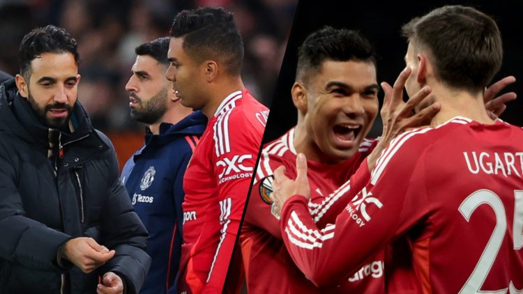 Casemiro and Manuel Ugarte celebrate together during the Europa League, inset the Manchester United midfielder with Ruben Amorim.