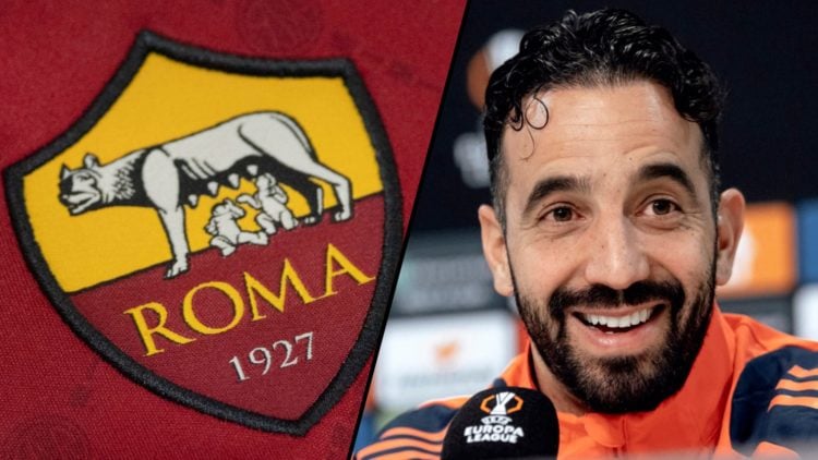 Manchester United manager Ruben Amorim at a press conference, inset a photo of the badge for Serie A club Roma.