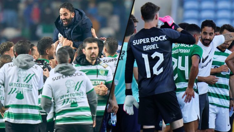 Sporting CP players lift in the air Manchester United manager Ruben Amorim, inset a photo of the former Sporting head coach.