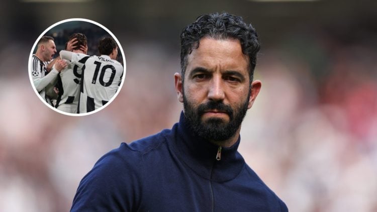 Manchester United head coach Ruben Amorim, inset of Juventus star Dusan Vlahovic.