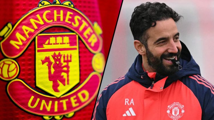 Ruben Amorim takes a training session at the Carrington training complex, inset the Manchester United club crest.