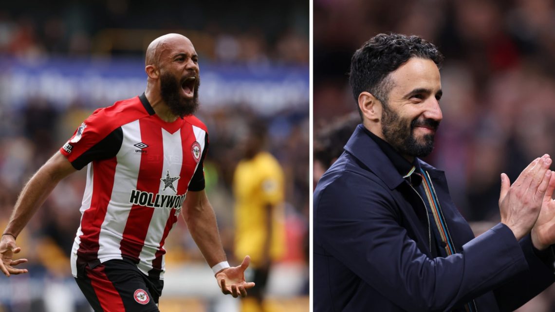 Brentford forward Bryan Mbeumo, split image with Manchester United head coach Ruben Amorim.