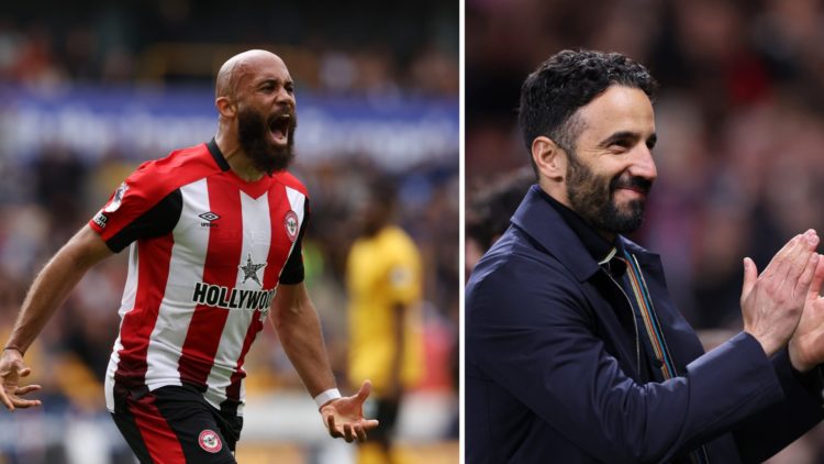 Brentford forward Bryan Mbeumo, split image with Manchester United head coach Ruben Amorim.