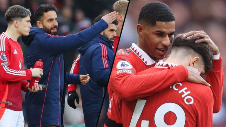 Ruben Amorim with Alejandro Garnacho, inset the Manchester United manager with Marcus Rashford.