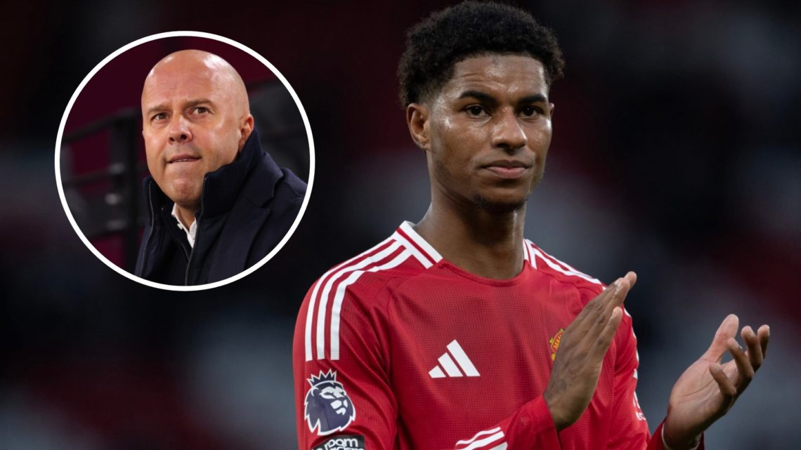 Manchester United forward Marcus Rashford, inset of Liverpool manager Arne Slot.