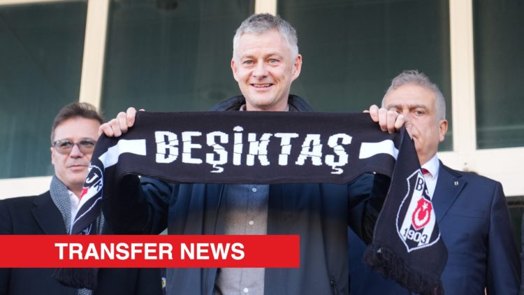 Ole Gunnar Solskjaer poses with Besiktas scarf. Inset, a red banner reading 'transfer news' in white.