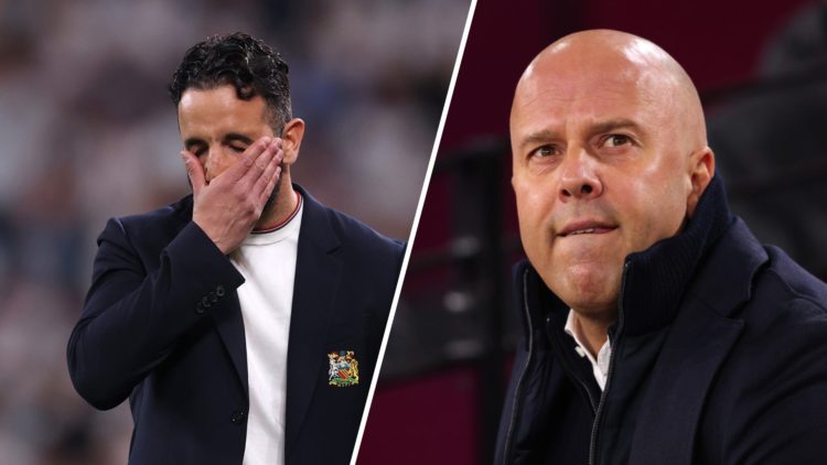 A split image of Manchester United boss Ruben Amorim (L) and Liverpool boss Arne Slot (R)