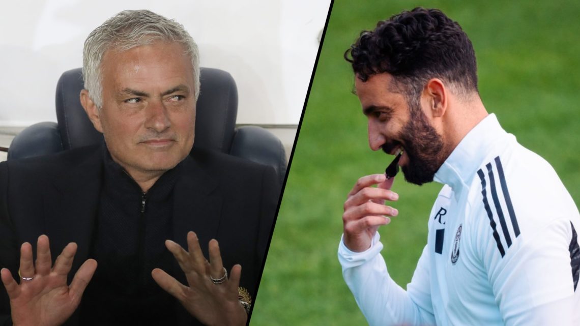 Fenerbahce manager Jose Mourinho ahead of a Europa League match, inset Manchester United manager Ruben Amorim.