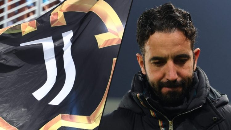 Manchester United manager Ruben Amorim during a Premier League match, inset a photo of the Juventus club crest on a flag.