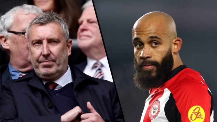 Split image, Jason Wilcox with hand into his inside pocket while watching Manchester United and Bryan Mbeumo in action for Brentford.
