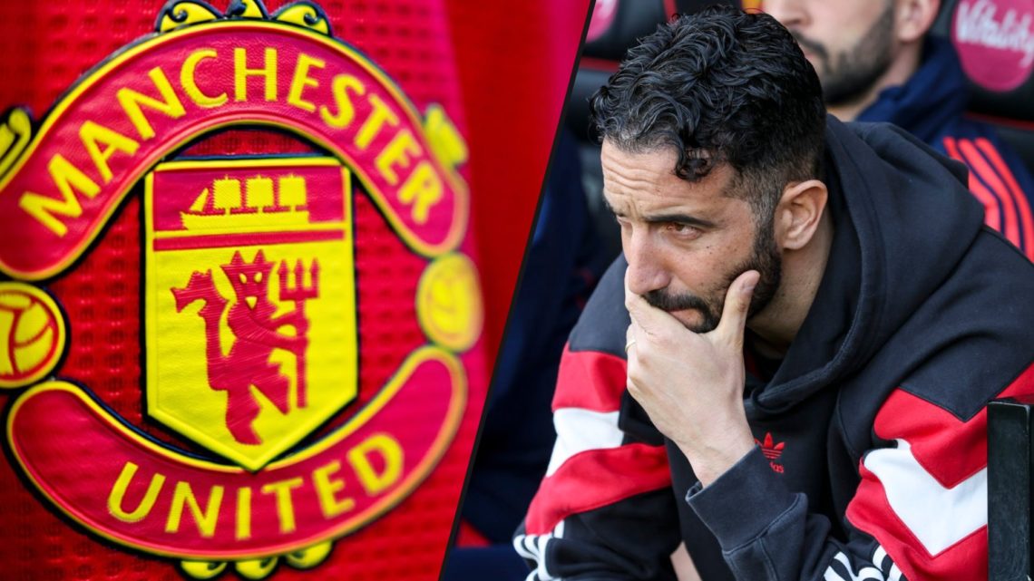 Manchester United manager Ruben Amorim during a Premier League match between, inset the Manchester United club crest.
