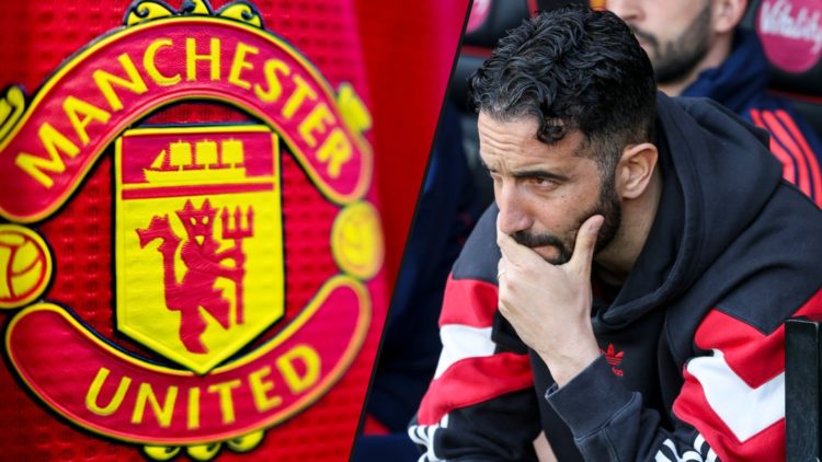 Manchester United manager Ruben Amorim during a Premier League match between, inset the Manchester United club crest.