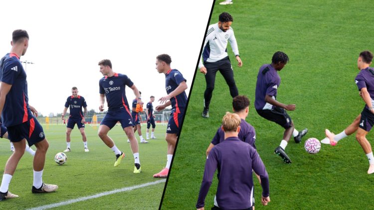 Ruben Amorim holding a first-team training session at the Carrington training complex, inset Manchester United players in training.