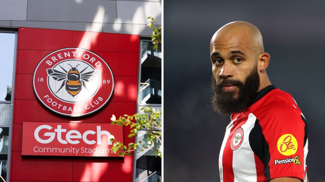 General view of Brentford's Gtech Community Stadium, split image with forward Bryan Mbeumo.