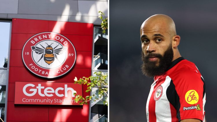 General view of Brentford's Gtech Community Stadium, split image with forward Bryan Mbeumo.