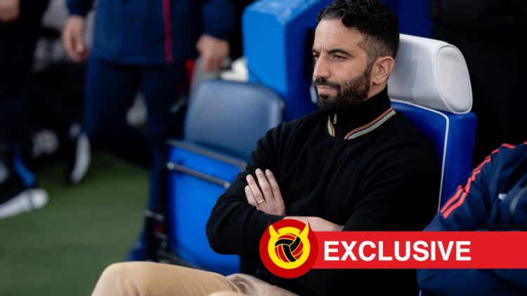 Ruben Amorim sitting on bench at Stamford Bridge. Overlaid UIF logo and exclusives banner.