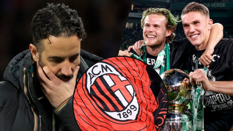 Manchester United manager Ruben Amorim, inset a photo of Sporting CP striker Viktor Gyokeres, inset an overlay of the AC Milan club crest.