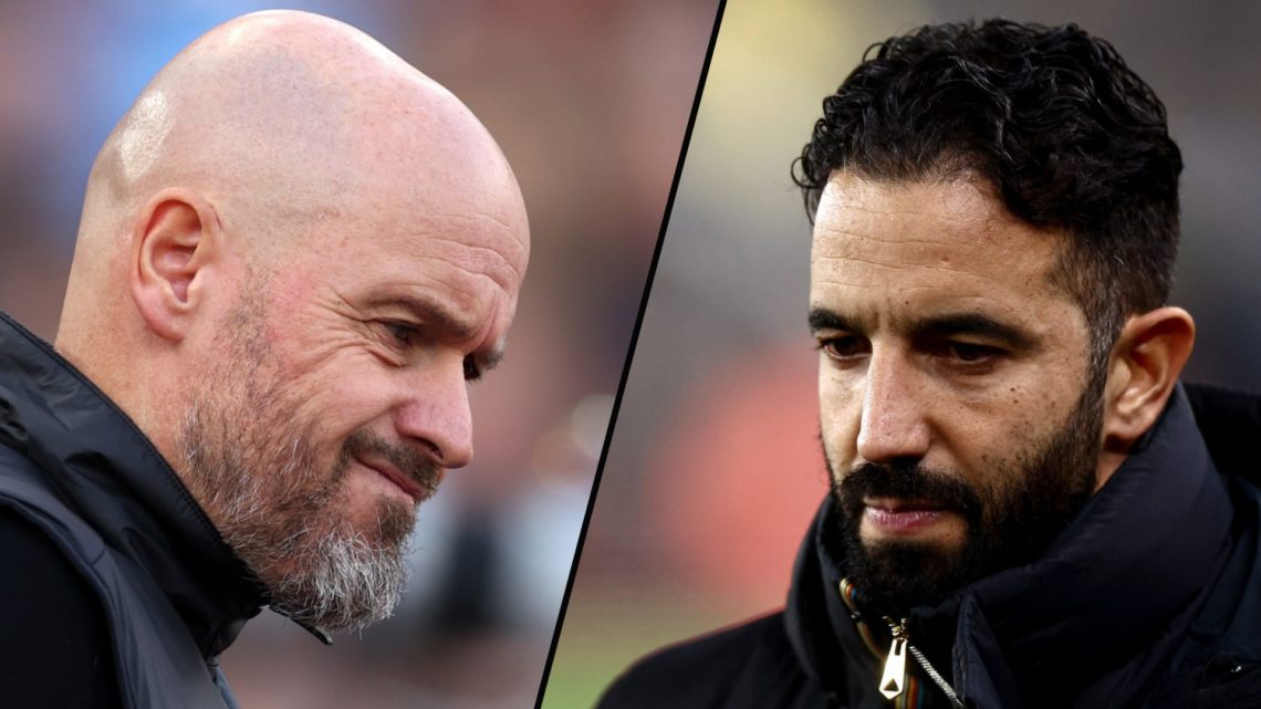Manchester United manager Ruben Amorim ahead of a Premier League match, inset a photo of former Red Devils boss Erik ten Hag.