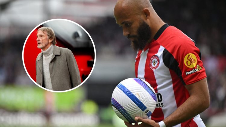 Bryan Mbeumo looks down with the ball, inset of Manchester United co-owner Sir Jim Ratcliffe.