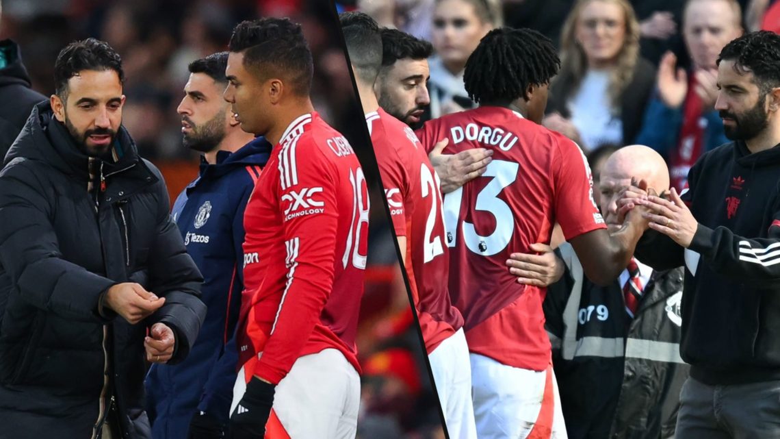 Ruben Amorim during a Premier League match vs Wolves, inset a photo of the Manchester United manager with Casemiro.